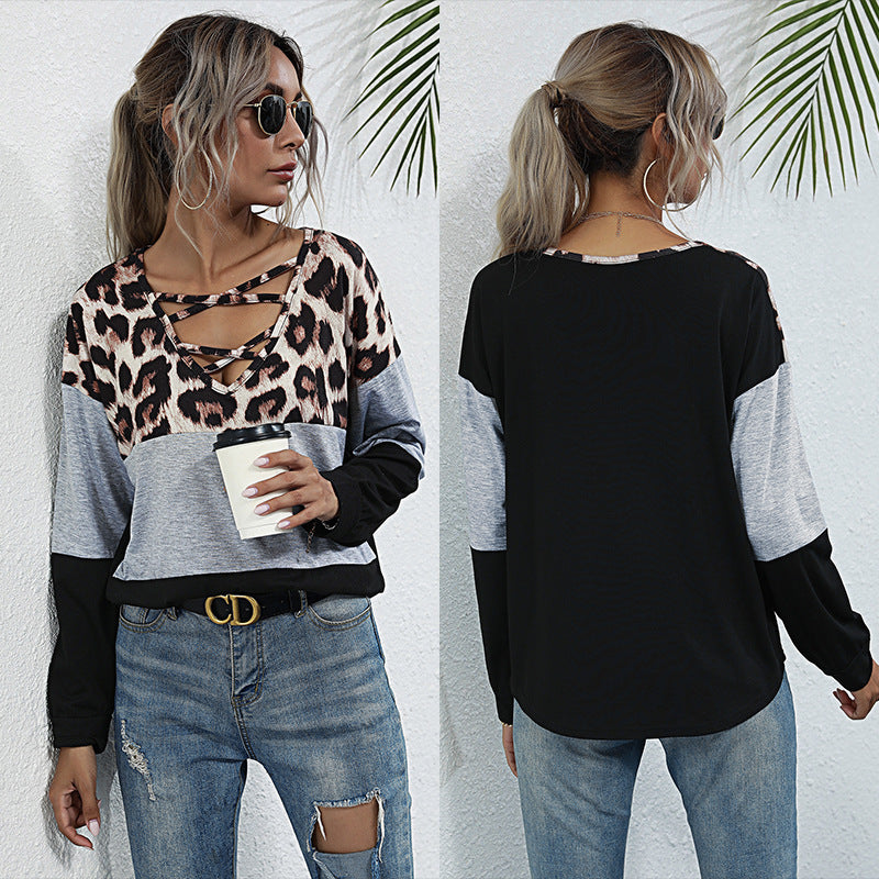 Damen Longsleeve Colorblock-Shirt mit Leo-Einsatz und Schnür-V-Ausschnitt Shop Nory