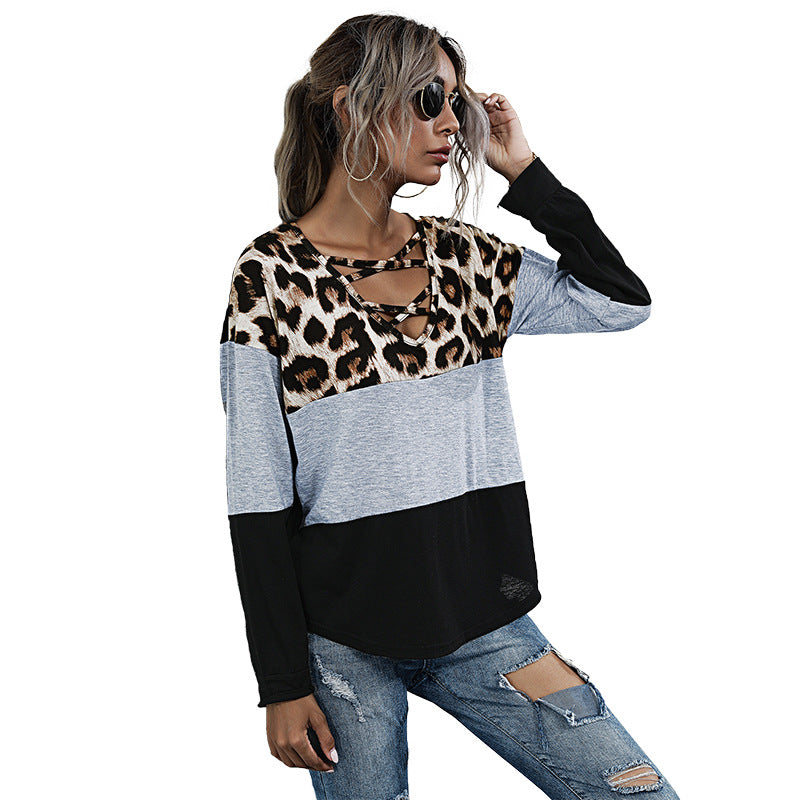 Damen Longsleeve Colorblock-Shirt mit Leo-Einsatz und Schnür-V-Ausschnitt Shop Nory