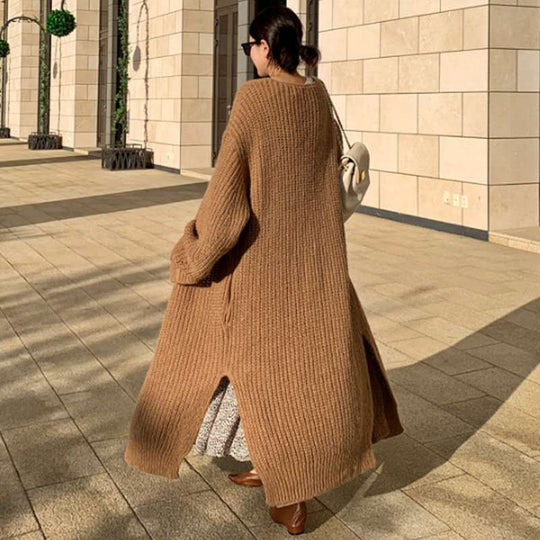 Damen Langer Grobstrick-Cardigan mit Oversize-Passform, Schalkragen und aufgesetzten Taschen Shop Nory