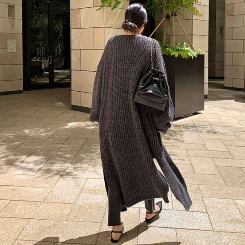Damen Langer Grobstrick-Cardigan mit Oversize-Passform, Schalkragen und aufgesetzten Taschen Shop Nory