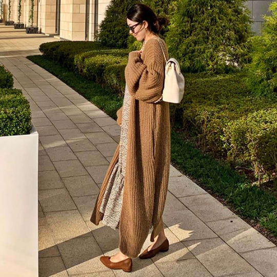 Damen Langer Grobstrick-Cardigan mit Oversize-Passform, Schalkragen und aufgesetzten Taschen Shop Nory