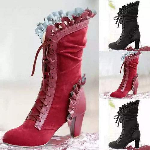 Damen Schnür‑Stiefelette mit Rüschenbesatz und mittelhohem Blockabsatz Shop Nory