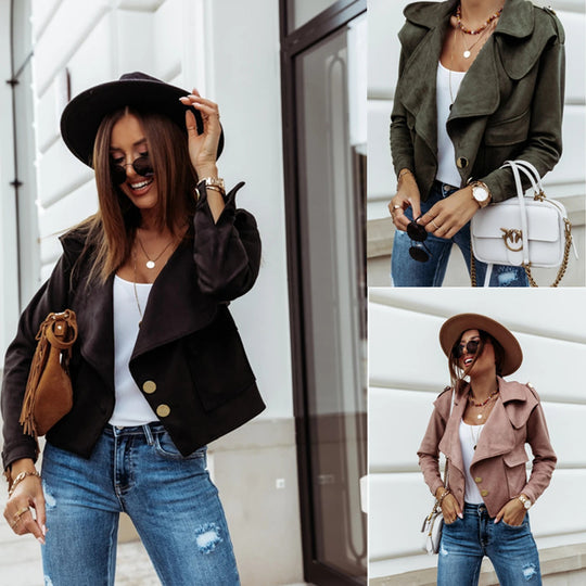 Damen Cropped Velourslederjacke mit weitem Revers und goldenen Zierknöpfen Shop Nory