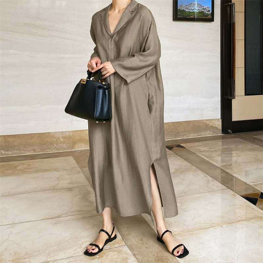 Damen Lockeres Leinen-Maxikleid mit Hemdkragen, V‑Ausschnitt und seitlichen Schlitzen Shop Nory