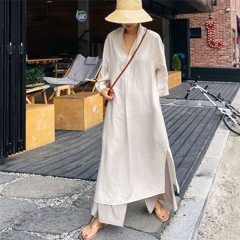 Damen Lockeres Leinen-Maxikleid mit Hemdkragen, V‑Ausschnitt und seitlichen Schlitzen Shop Nory