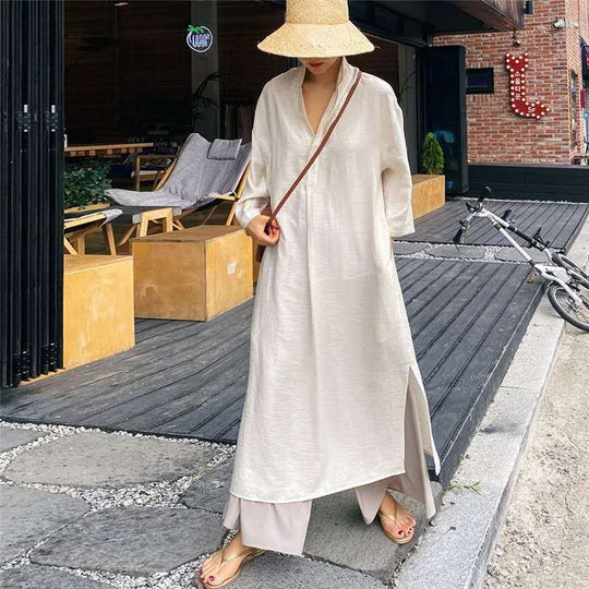 Damen Lockeres Leinen-Maxikleid mit Hemdkragen, V‑Ausschnitt und seitlichen Schlitzen Shop Nory