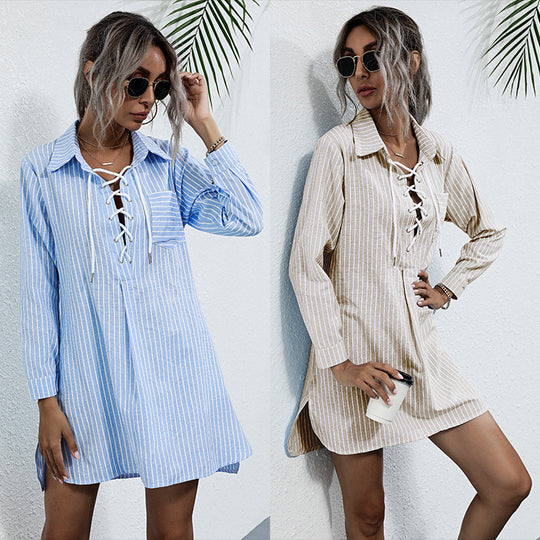Damen Gestreiftes Hemdblusenkleid mit Schnürvorderteil, Langarm & Seitenschlitzen Shop Nory