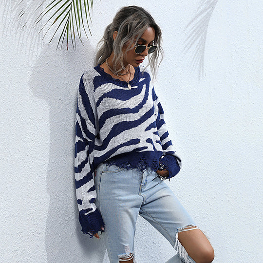 Damen Oversize-Strickpullover mit ZShop Noryramuster, destroyed Saum & weitem Schnitt Shop Nory