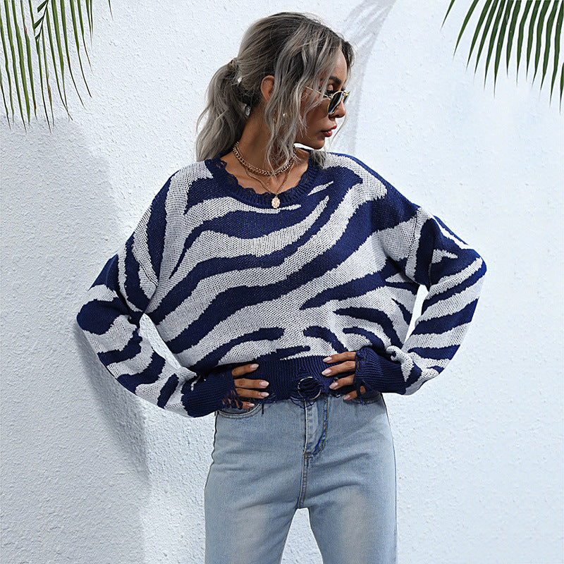Damen Oversize-Strickpullover mit ZShop Noryramuster, destroyed Saum & weitem Schnitt Shop Nory