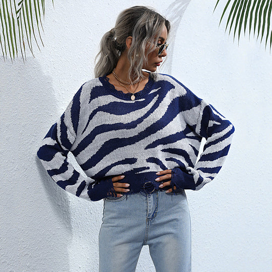 Damen Oversize-Strickpullover mit ZShop Noryramuster, destroyed Saum & weitem Schnitt Shop Nory