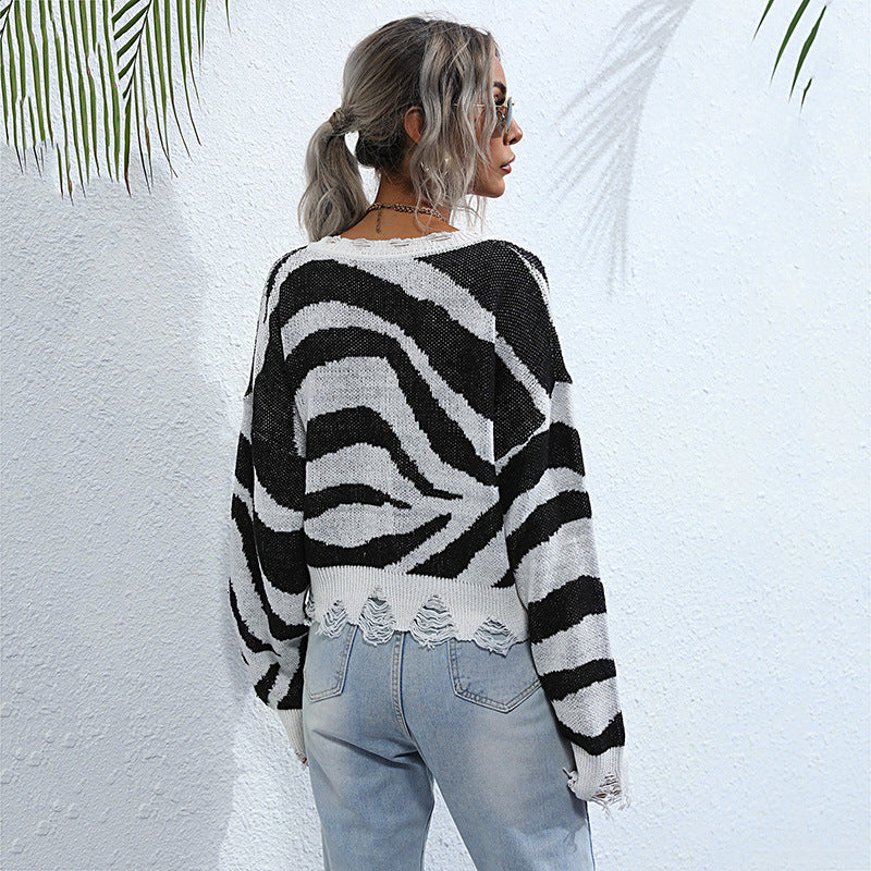 Damen Oversize V-Ausschnitt Strickpullover mit Zebramuster und ausgefranstem Saum Shop Nory