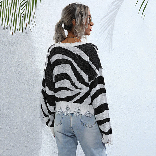Damen Oversize V-Ausschnitt Strickpullover mit Zebramuster und ausgefranstem Saum Shop Nory