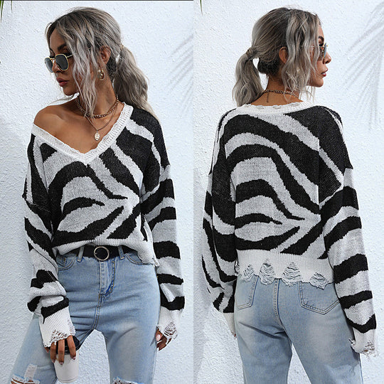 Damen Oversize V-Ausschnitt Strickpullover mit Zebramuster und ausgefranstem Saum Shop Nory