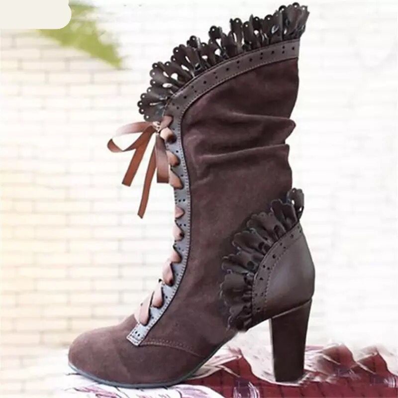 Damen Schnür‑Stiefelette mit Rüschenbesatz und mittelhohem Blockabsatz Shop Nory