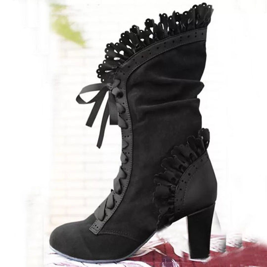 Damen Schnür‑Stiefelette mit Rüschenbesatz und mittelhohem Blockabsatz Shop Nory