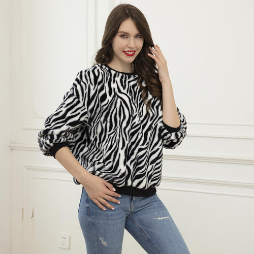 Damen Flauschiger weit geschnittener Pullover mit ZShop Noryra‑Alloverprint und Rippbündchen Shop Nory