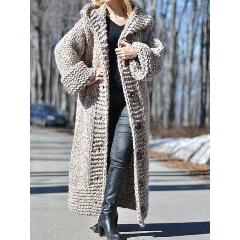 Damen Oversize Grobstrick Maximantel mit Kapuze und Knopfleiste Shop Nory
