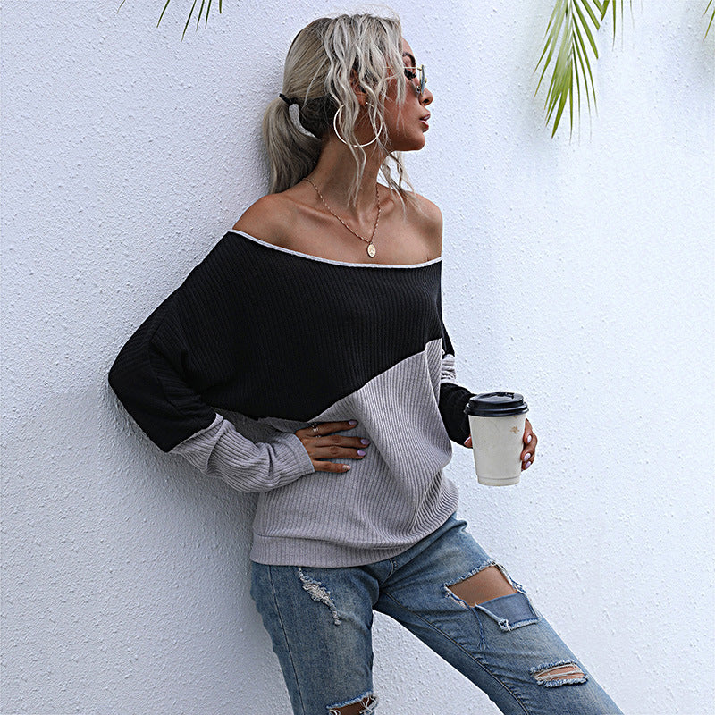 Damen Schulterfreier Rippstrick-Pullover im Diagonal-Colorblock mit lässiger Oversize-Passform Shop Nory