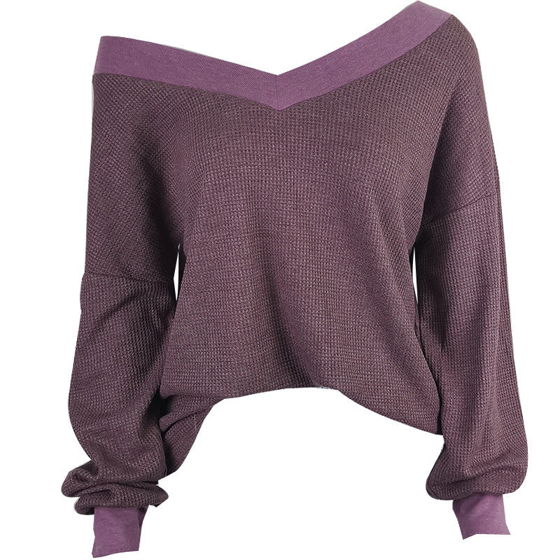 Damen lässiger off-shoulder Pullover im Waffle-Design mit weitem Schnitt