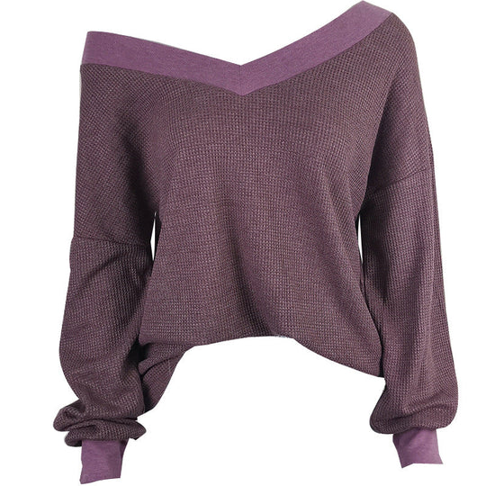 Damen lässiger off-shoulder Pullover im Waffle-Design mit weitem Schnitt