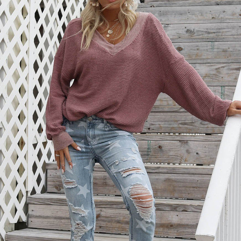 Damen lässiger off-shoulder Pullover im Waffle-Design mit weitem Schnitt