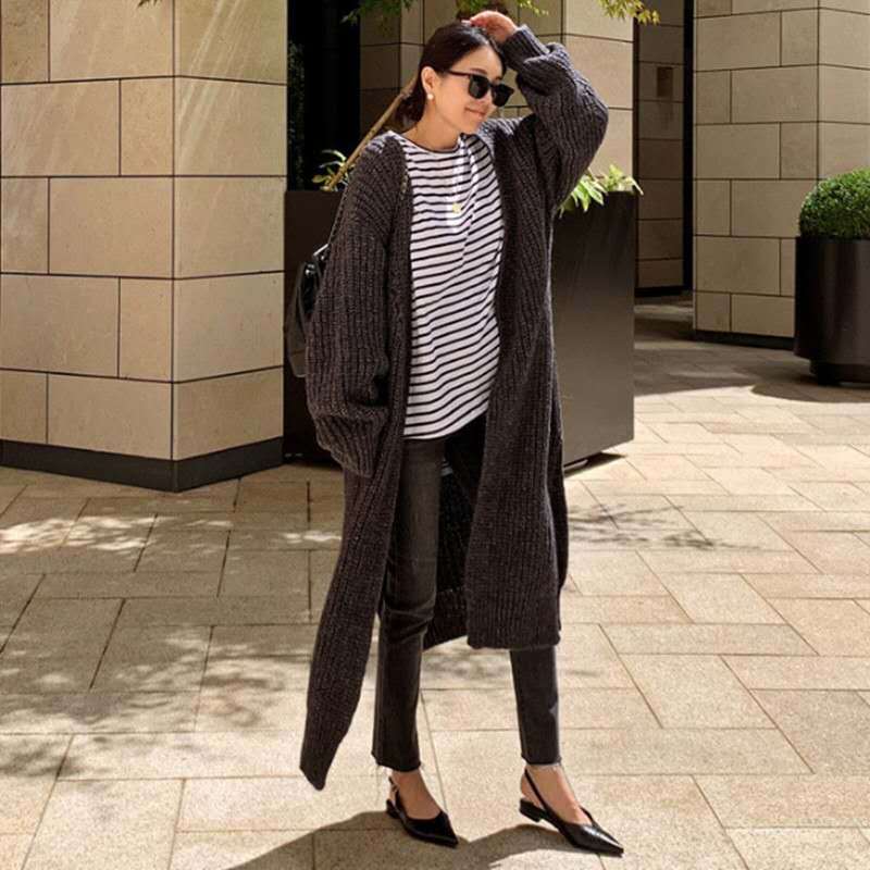 Damen Langer Grobstrick-Cardigan mit Oversize-Passform, Schalkragen und aufgesetzten Taschen Shop Nory