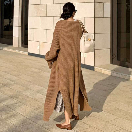 Damen Langer Grobstrick-Cardigan mit Oversize-Passform, Schalkragen und aufgesetzten Taschen Shop Nory