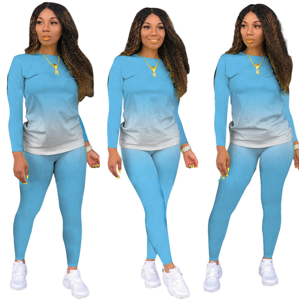 Damen Sportliches zweiteiliges Set mit Langarm-Ombre-Shirt und Highwaist-Leggings Shop Nory