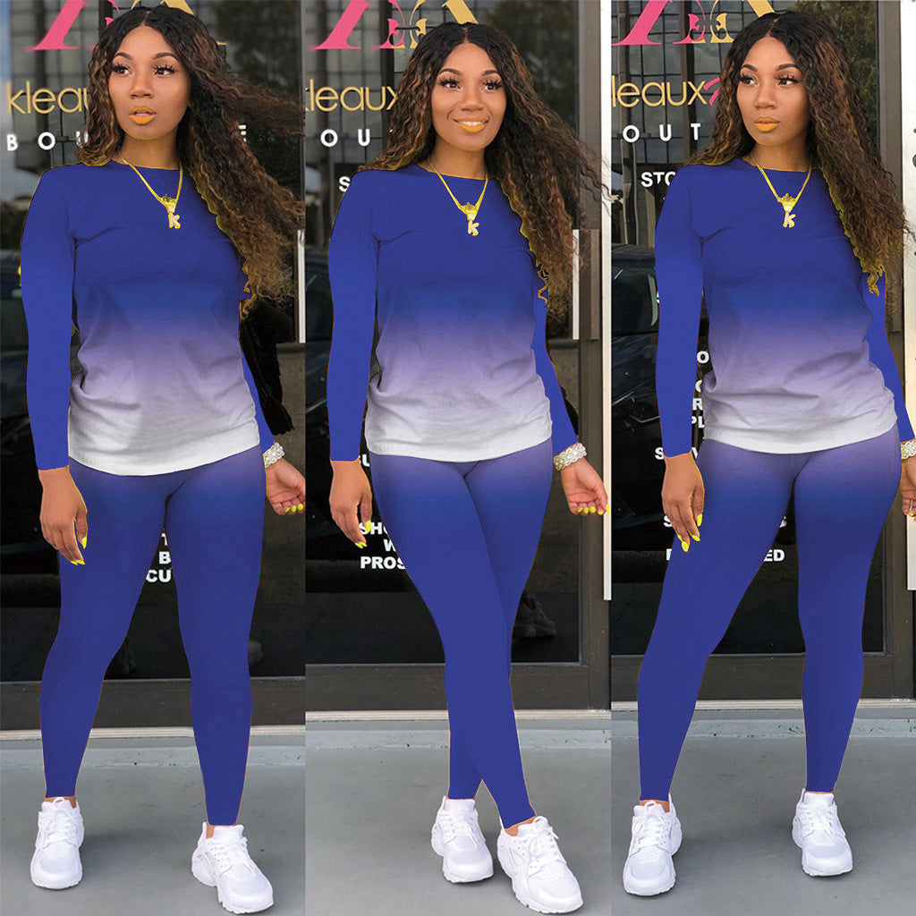 Damen Sportliches zweiteiliges Set mit Langarm-Ombre-Shirt und Highwaist-Leggings Shop Nory