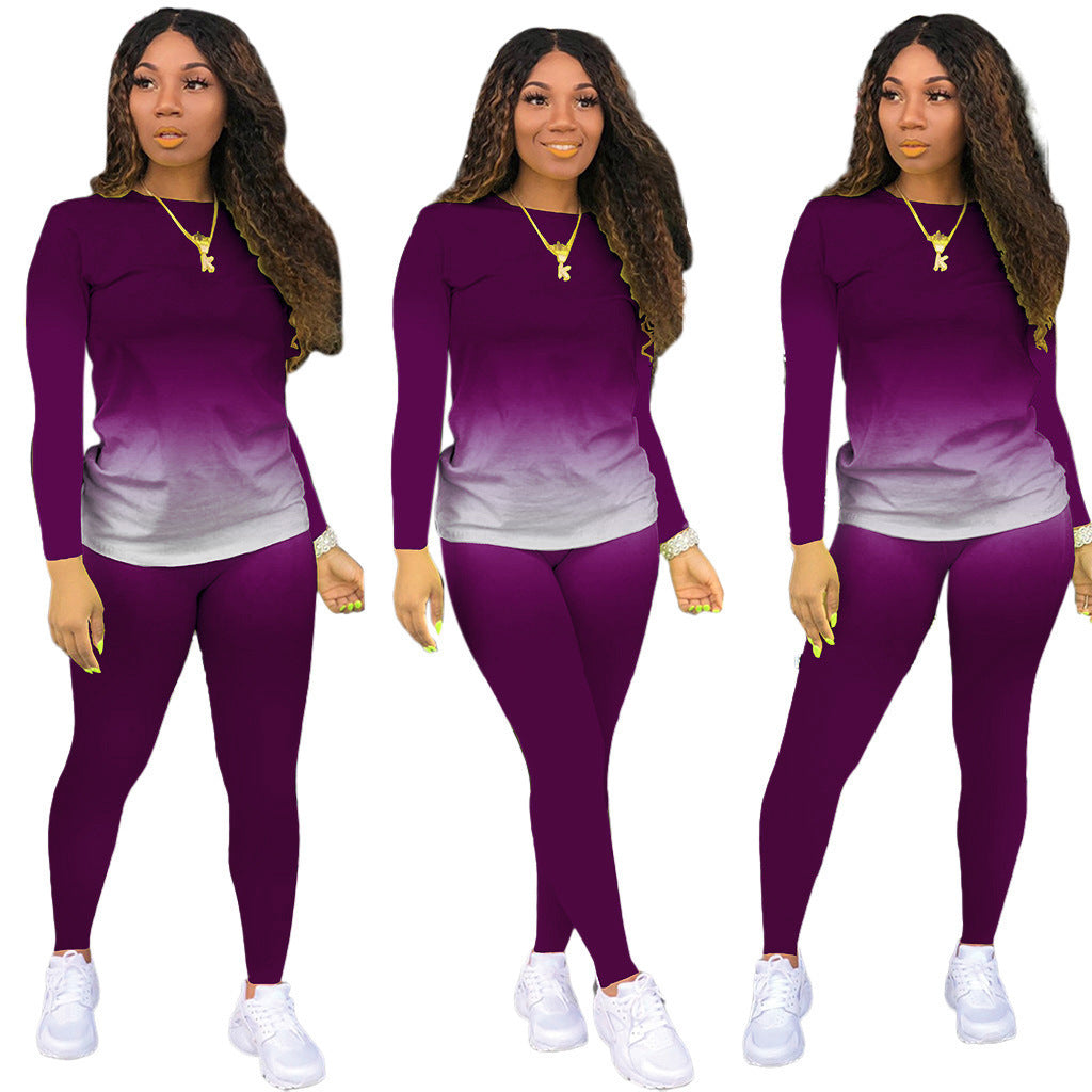 Damen Sportliches zweiteiliges Set mit Langarm-Ombre-Shirt und Highwaist-Leggings Shop Nory