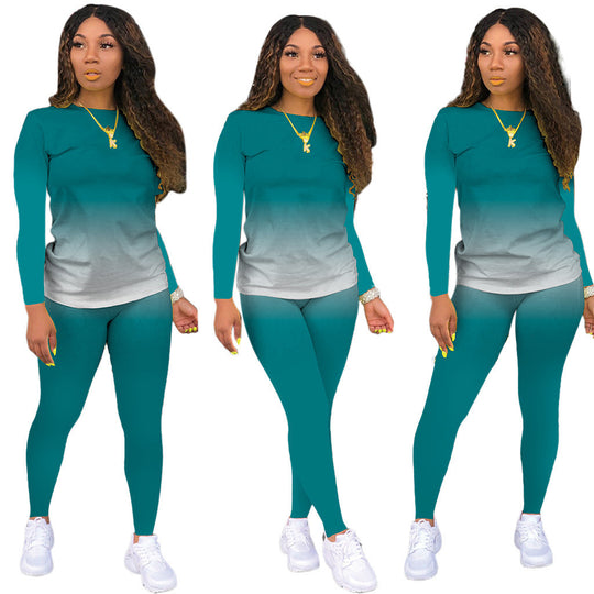 Damen Sportliches zweiteiliges Set mit Langarm-Ombre-Shirt und Highwaist-Leggings Shop Nory