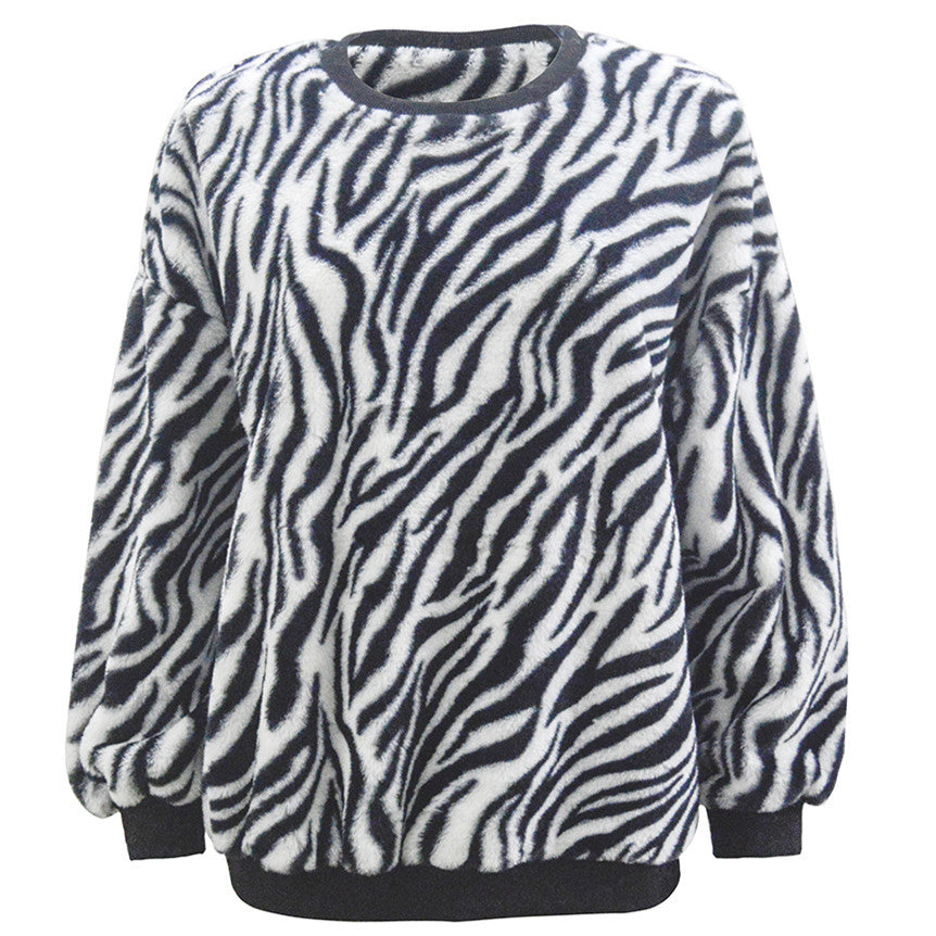 Damen Flauschiger weit geschnittener Pullover mit ZShop Noryra‑Alloverprint und Rippbündchen Shop Nory