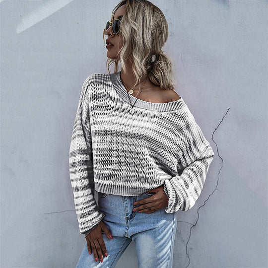 Damen Cropped-Strickpullover mit Off-Shoulder, lockerer Oversize-Passform & Streifenmuster Shop Nory