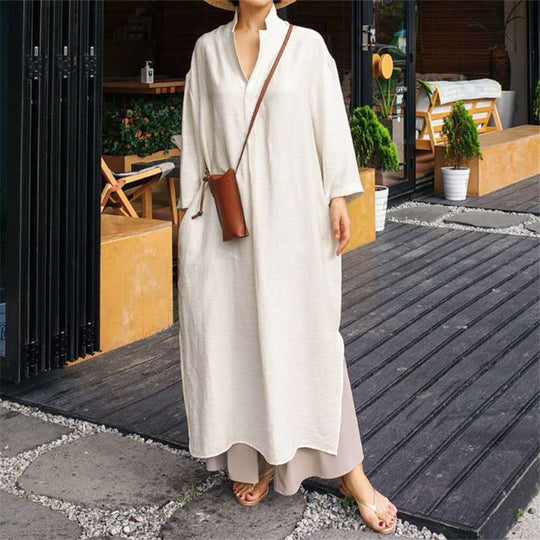 Damen Lockeres Leinen-Maxikleid mit Hemdkragen, V‑Ausschnitt und seitlichen Schlitzen Shop Nory