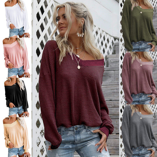Damen lässiger off-shoulder Pullover im Waffle-Design mit weitem Schnitt