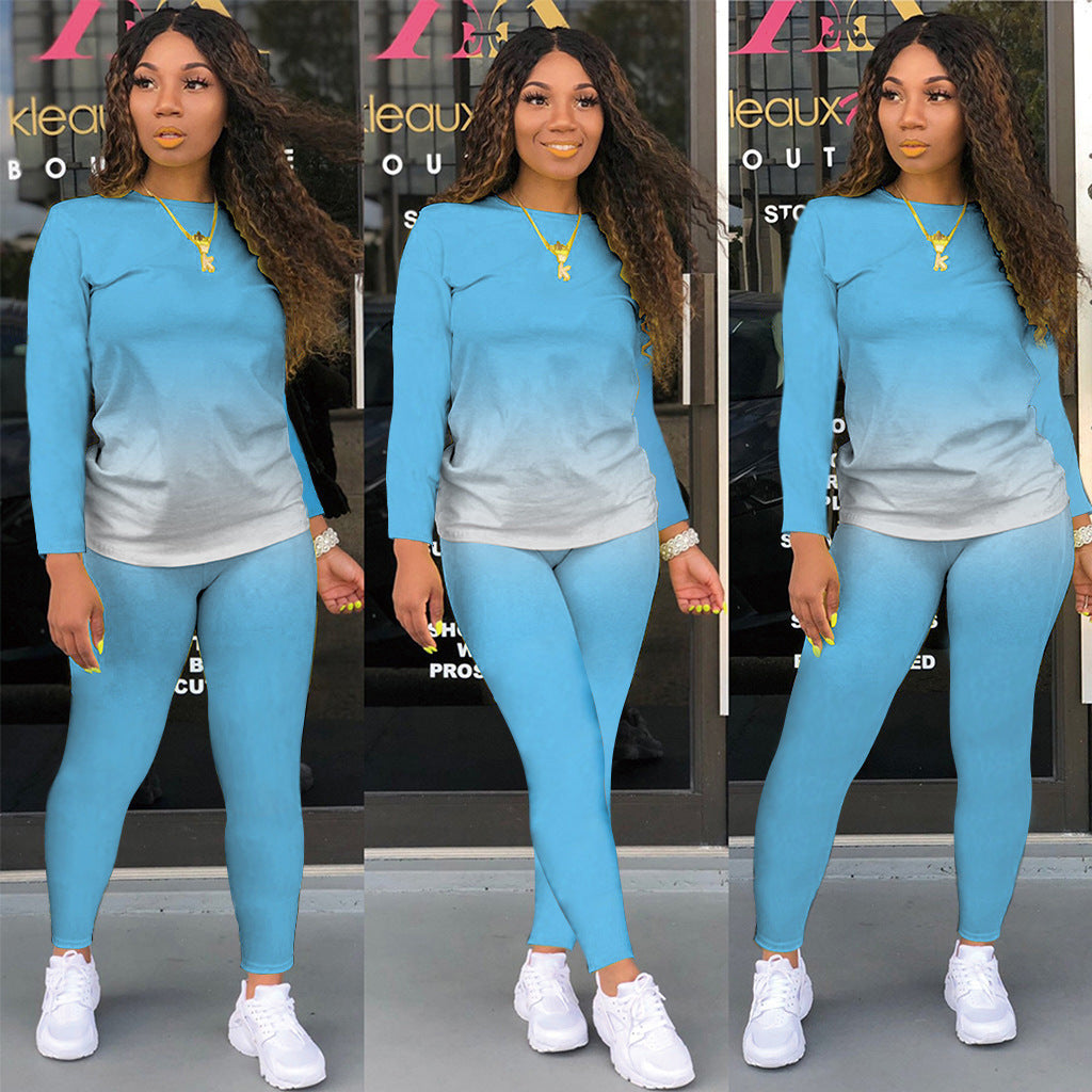 Damen Sportliches zweiteiliges Set mit Langarm-Ombre-Shirt und Highwaist-Leggings Shop Nory
