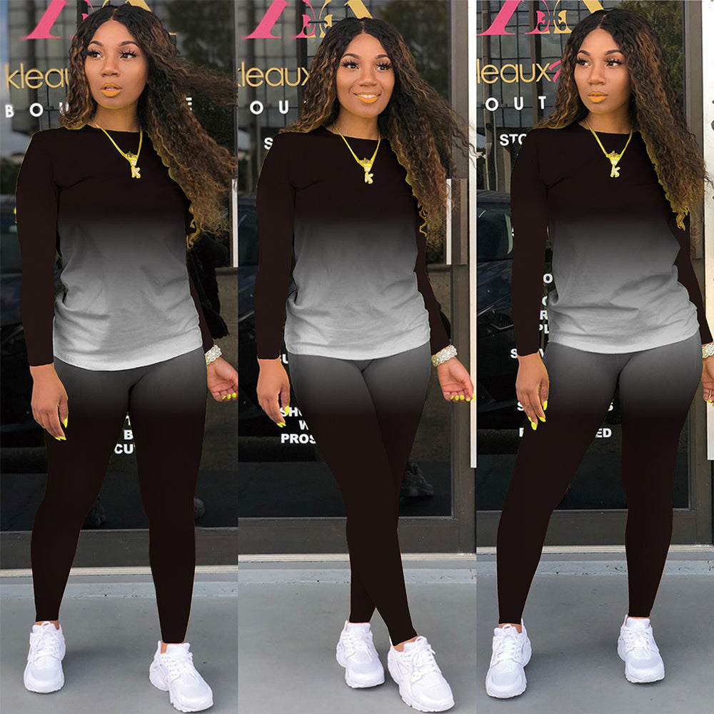 Damen Sportliches zweiteiliges Set mit Langarm-Ombre-Shirt und Highwaist-Leggings Shop Nory