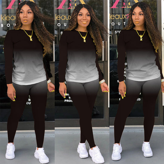 Damen Sportliches zweiteiliges Set mit Langarm-Ombre-Shirt und Highwaist-Leggings Shop Nory