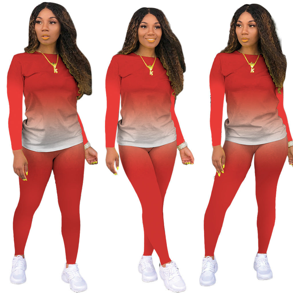 Damen Sportliches zweiteiliges Set mit Langarm-Ombre-Shirt und Highwaist-Leggings Shop Nory