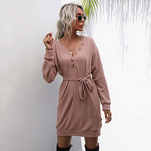 Damen Waffelstrick-Minikleid mit V-Ausschnitt, Zierknopfleiste & Taillengürtel Shop Nory