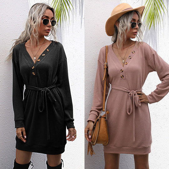 Damen Waffelstrick-Minikleid mit V-Ausschnitt, Zierknopfleiste & Taillengürtel Shop Nory