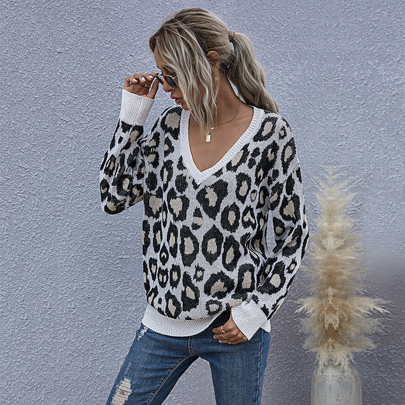 Damen Oversize V-Ausschnitt Strickpullover mit Leopardenmuster und Rippbündchen Shop Nory