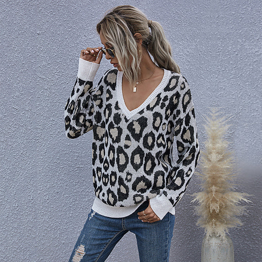 Damen Oversize V-Ausschnitt Strickpullover mit Leopardenmuster und Rippbündchen Shop Nory