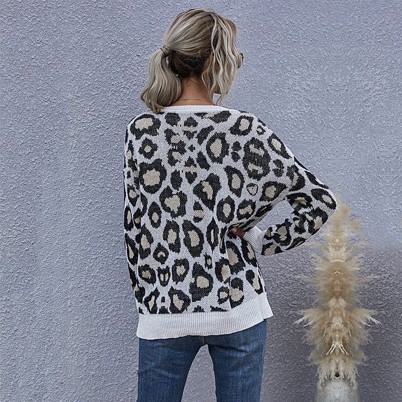 Damen Oversize V-Ausschnitt Strickpullover mit Leopardenmuster und Rippbündchen Shop Nory