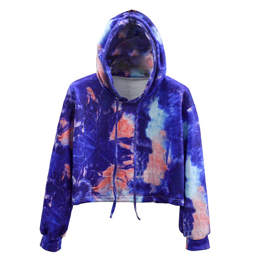 Damen Kurzschnitt‑Kapuzenpullover im Batik‑Look mit Kordelzug und überschnittener Schulter Shop Nory