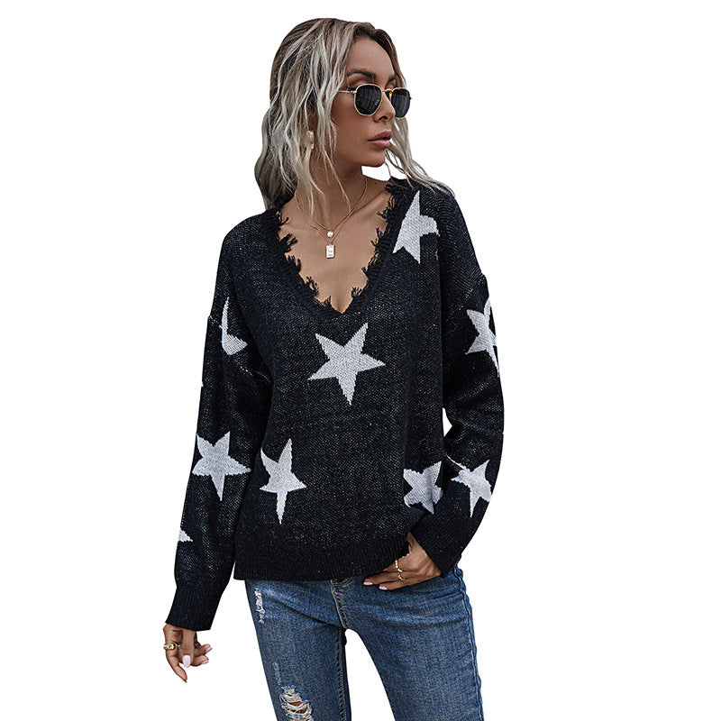 Damen Grobstrick-Pullover mit Sternenjacquard, ausgefranster V-Ausschnitt und lässiger Longline-Silhouette Shop Nory