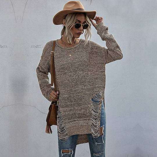 Damen Oversize-Longpullover mit Fransen-Schlitzen und High‑Low-Saum Shop Nory