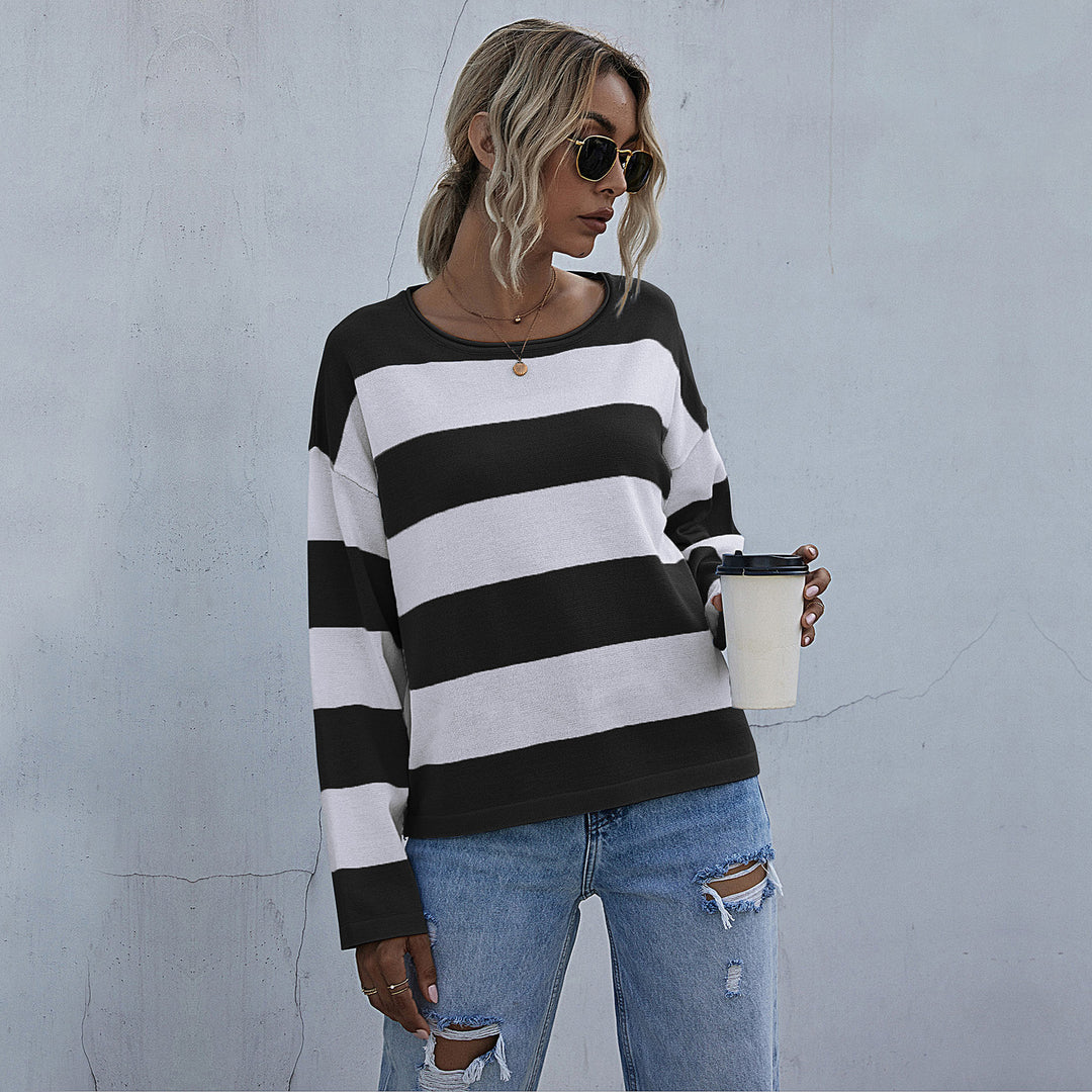 Damen Lockerer gestreifter Pullover mit Carmen-Ausschnitt und Oversize-Schnitt Shop Nory