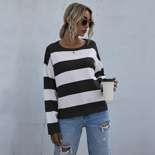 Damen Lockerer gestreifter Pullover mit Carmen-Ausschnitt und Oversize-Schnitt Shop Nory