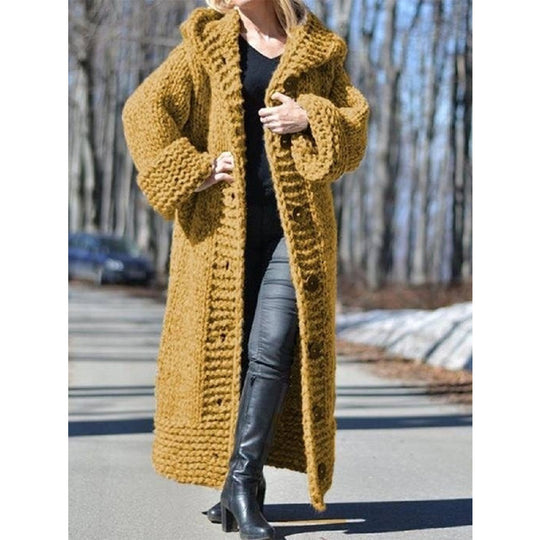 Damen Oversize Grobstrick Maximantel mit Kapuze und Knopfleiste Shop Nory